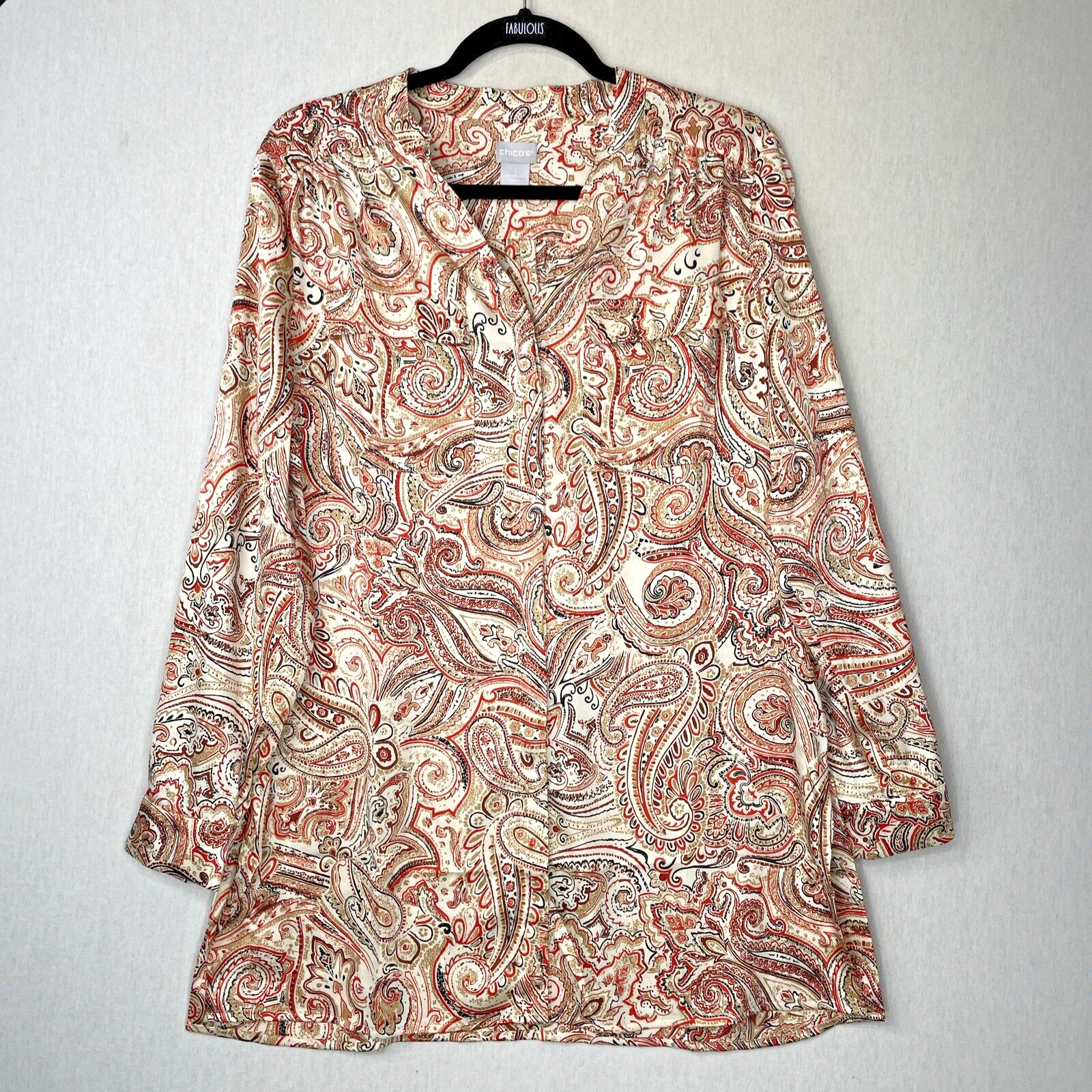 Chico's Tunic Top Blouse Sz 1 Brown Paisley Red Side Split Fall Autumn Satin Nwt